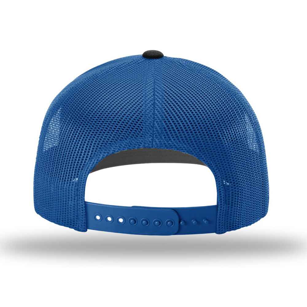 Custom-Heather-Grey-Royal-Black-color-112-style-blank-trucker-hat-Back-view