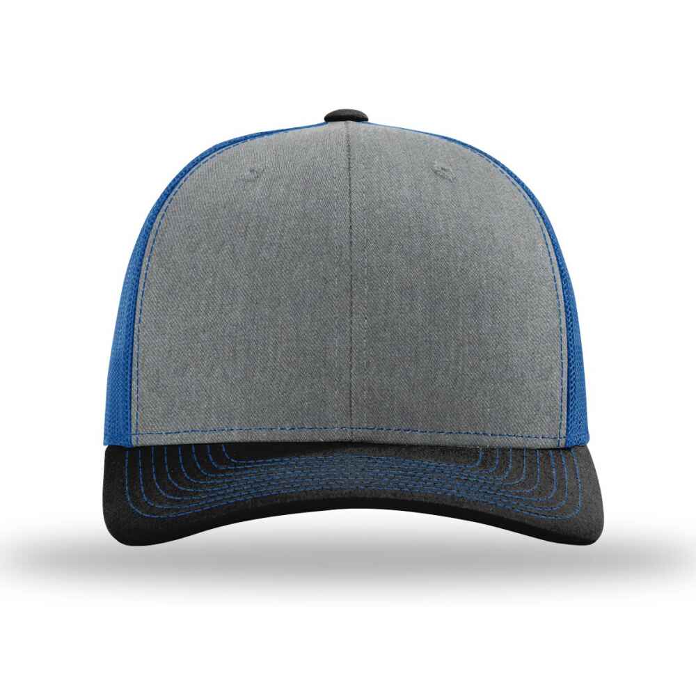 Custom-Heather-Grey-Royal-Black-color-112-style-blank-trucker-hat-Front-view