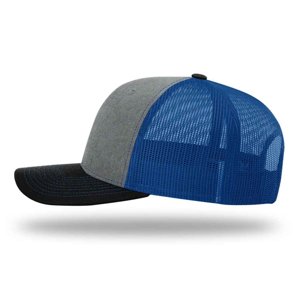 Custom-Heather-Grey-Royal-Black-color-112-style-blank-trucker-hat-Left-view