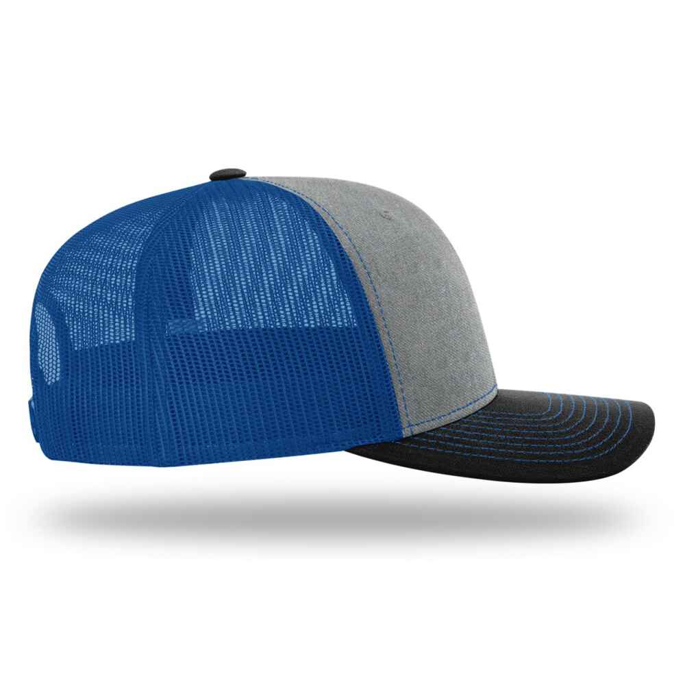 Custom-Heather-Grey-Royal-Black-color-112-style-blank-trucker-hat-Right-view