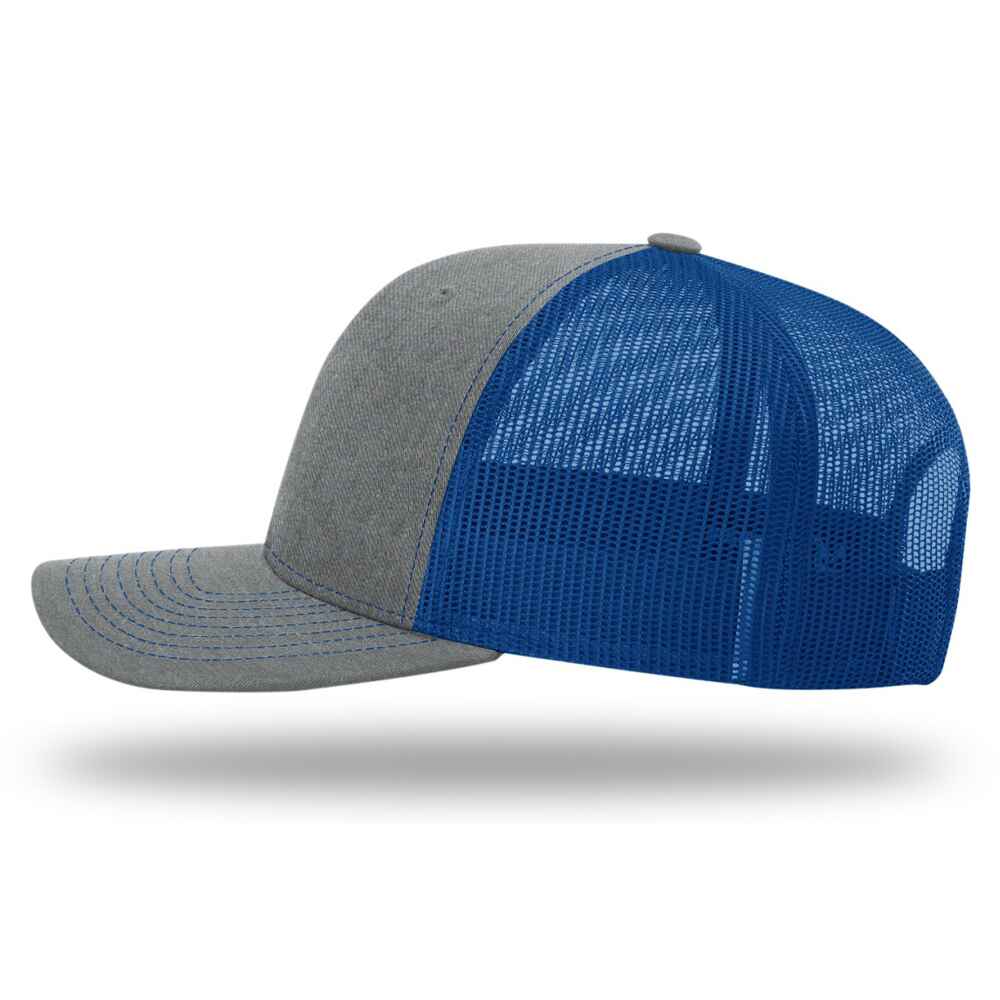 Custom-Heather-Grey-Royal-color-112-style-blank-trucker-hat-left-view