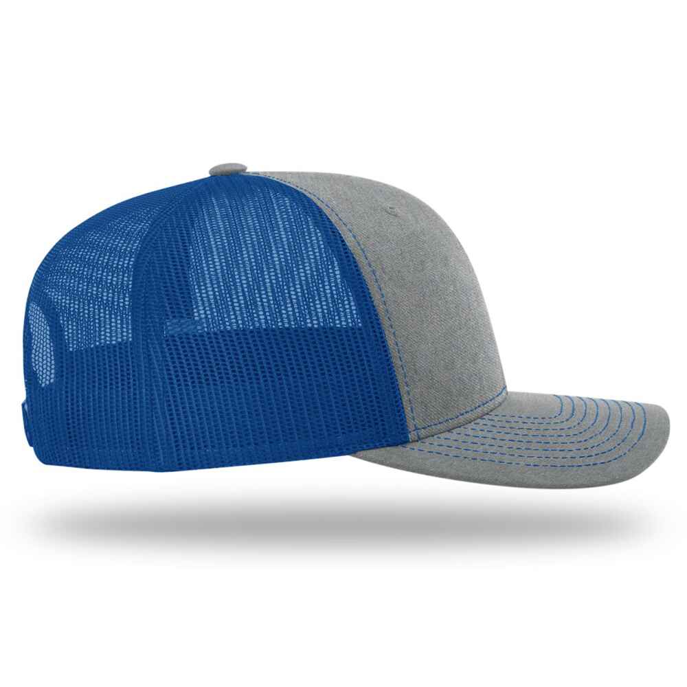 Custom-Heather-Grey-Royal-color-112-style-blank-trucker-hat-right-view