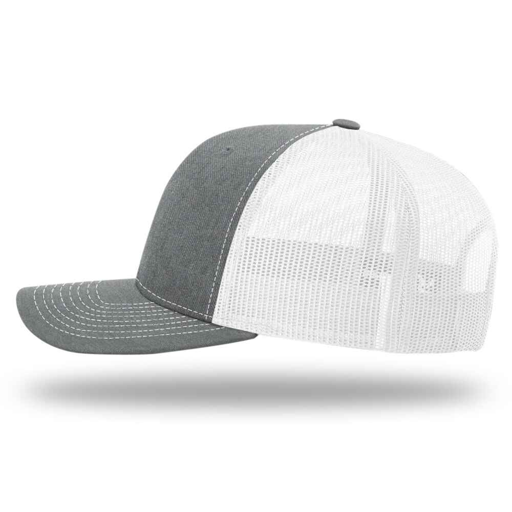 Custom-Heather-Grey-White-color-112-style-blank-trucker-hat-left-view