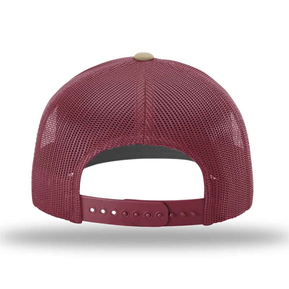 Custom-Khaki-Burgundy-color-112-style-blank-trucker-hat-back-view