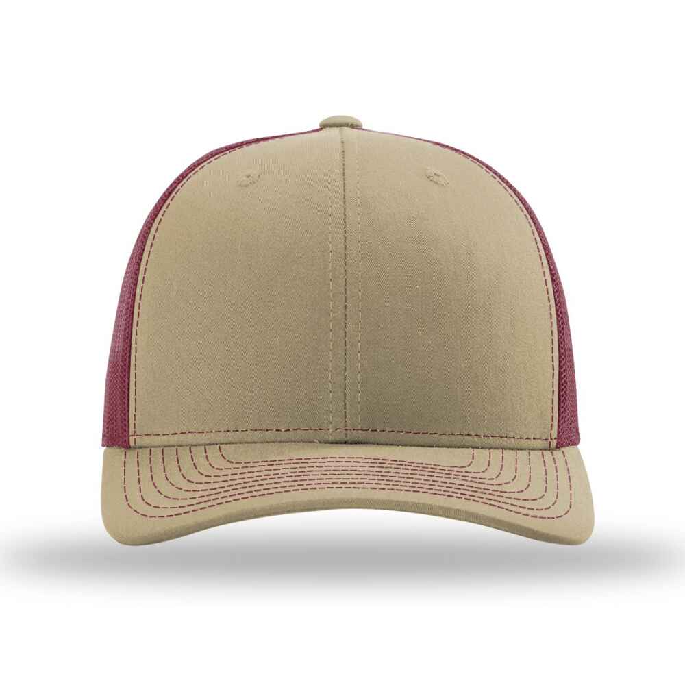 Custom-Khaki-Burgundy-color-112-style-blank-trucker-hat-front-view