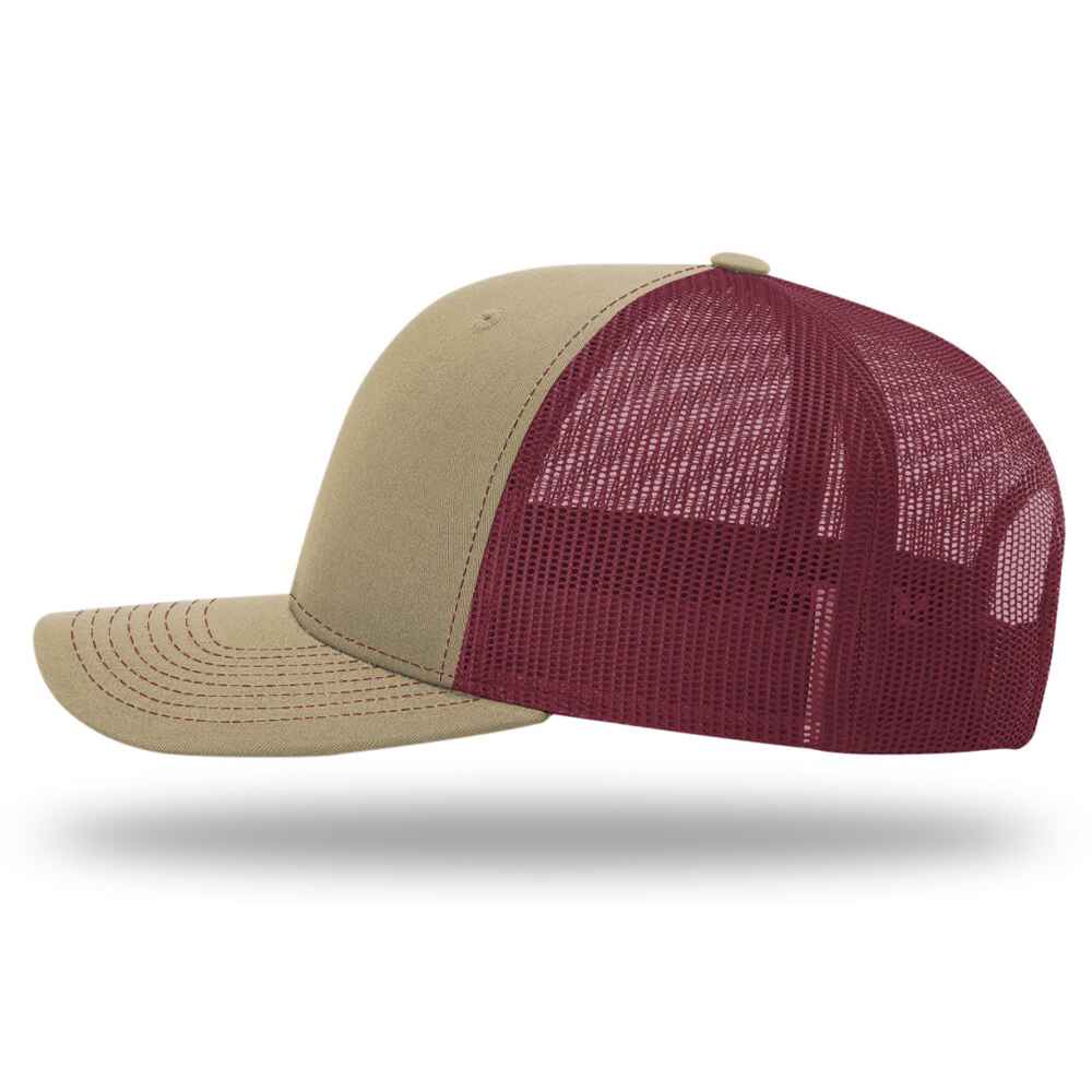 Custom-Khaki-Burgundy-color-112-style-blank-trucker-hat-left-view