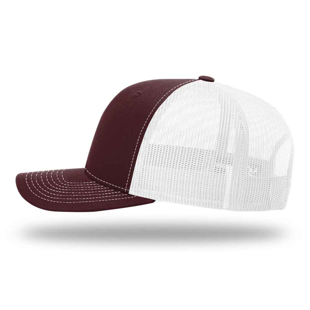 Custom-Maroon-White-color-112-style-blank-trucker-hat-left-view