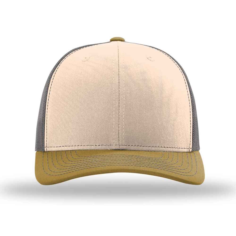 Custom-Mink-Beige-Charcoal-Amber-Gold-color-112-style-blank-trucker-hat-Front-view