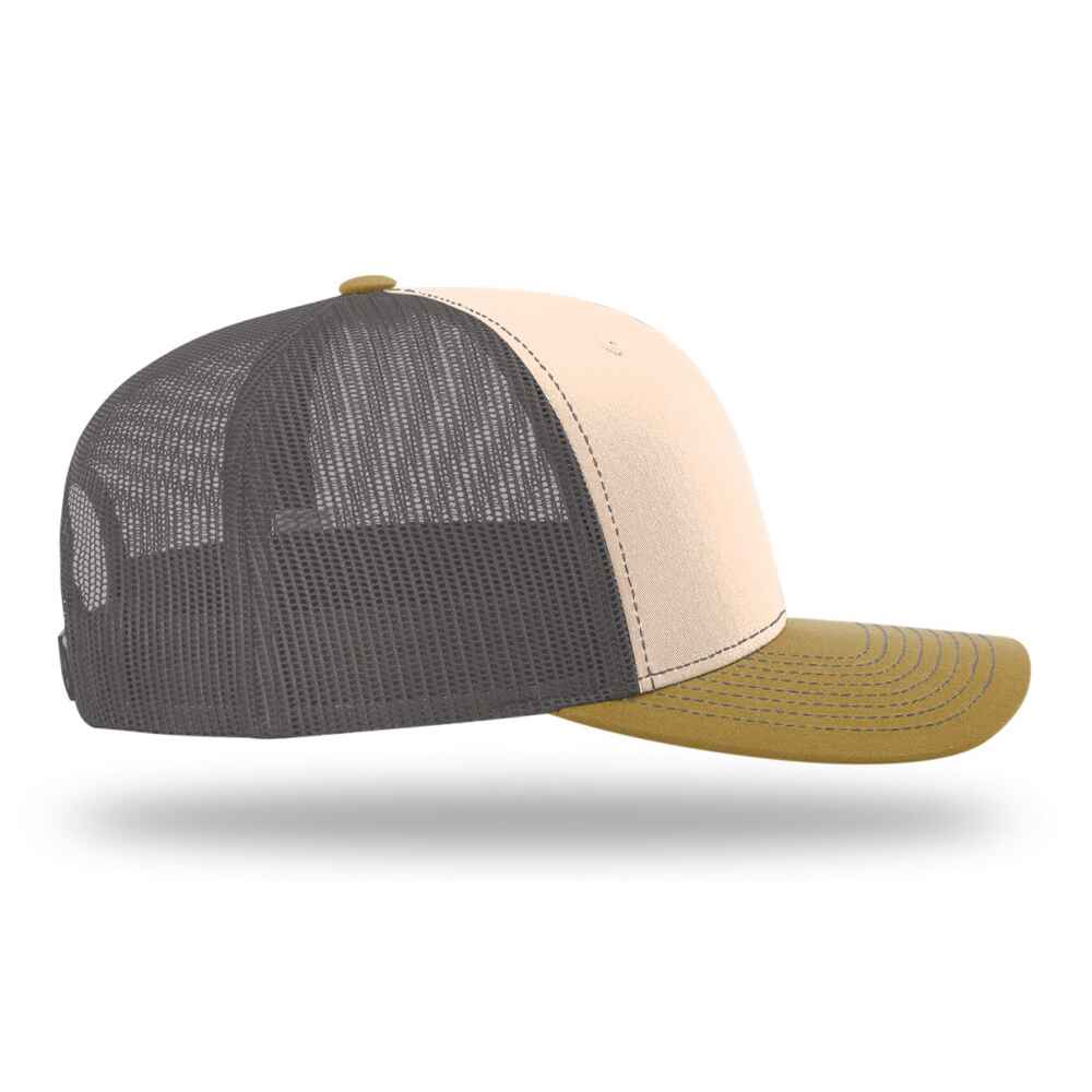 Custom-Mink-Beige-Charcoal-Amber-Gold-color-112-style-blank-trucker-hat-Right-view