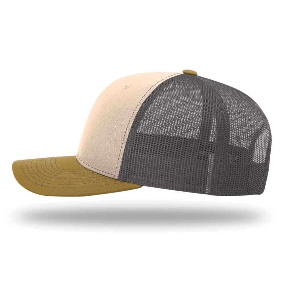 Custom-Mink-Beige-Charcoal-Amber-Gold-color-112-style-blank-trucker-hat-left-view