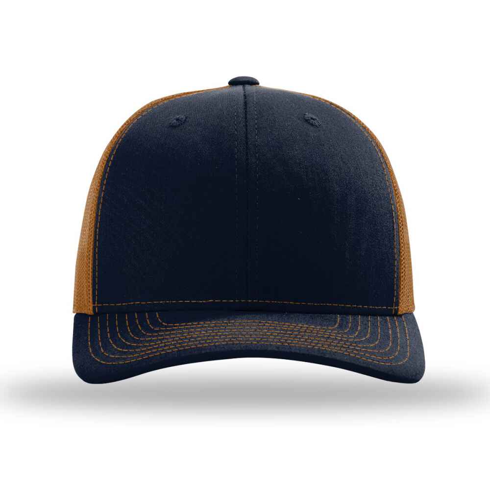 Custom-Navy-Caramel-color-112-style-blank-trucker-hat-front-view