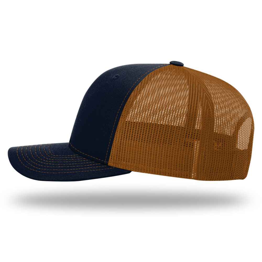 Custom-Navy-Caramel-color-112-style-blank-trucker-hat-left-view