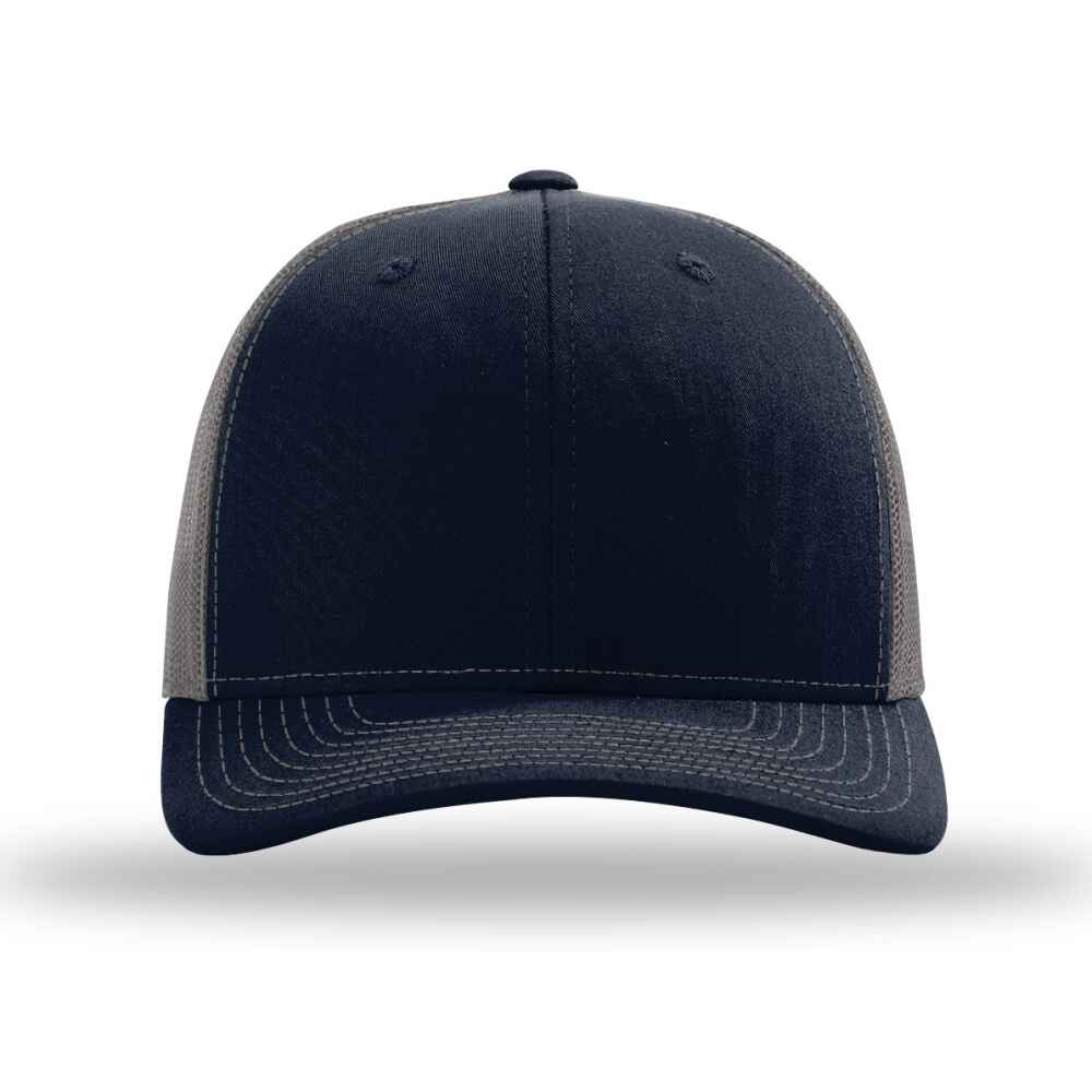 Custom-Navy-Charcoal-color-112-style-blank-trucker-hat-front-view