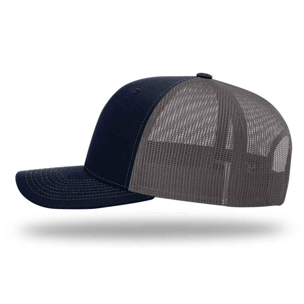 Custom-Navy-Charcoal-color-112-style-blank-trucker-hat-left-view