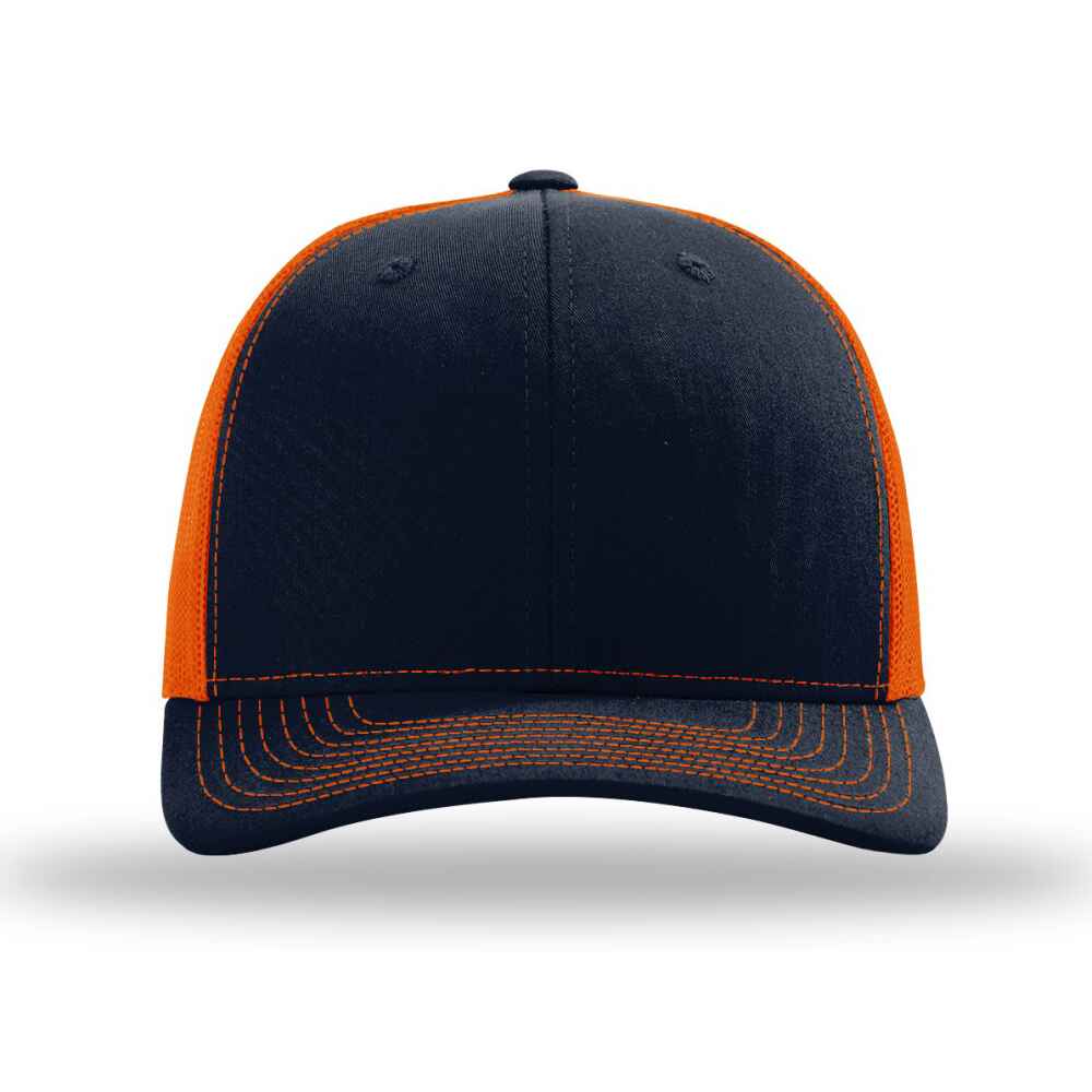 Custom-Navy-Orange-color-112-style-blank-trucker-hat-front-view