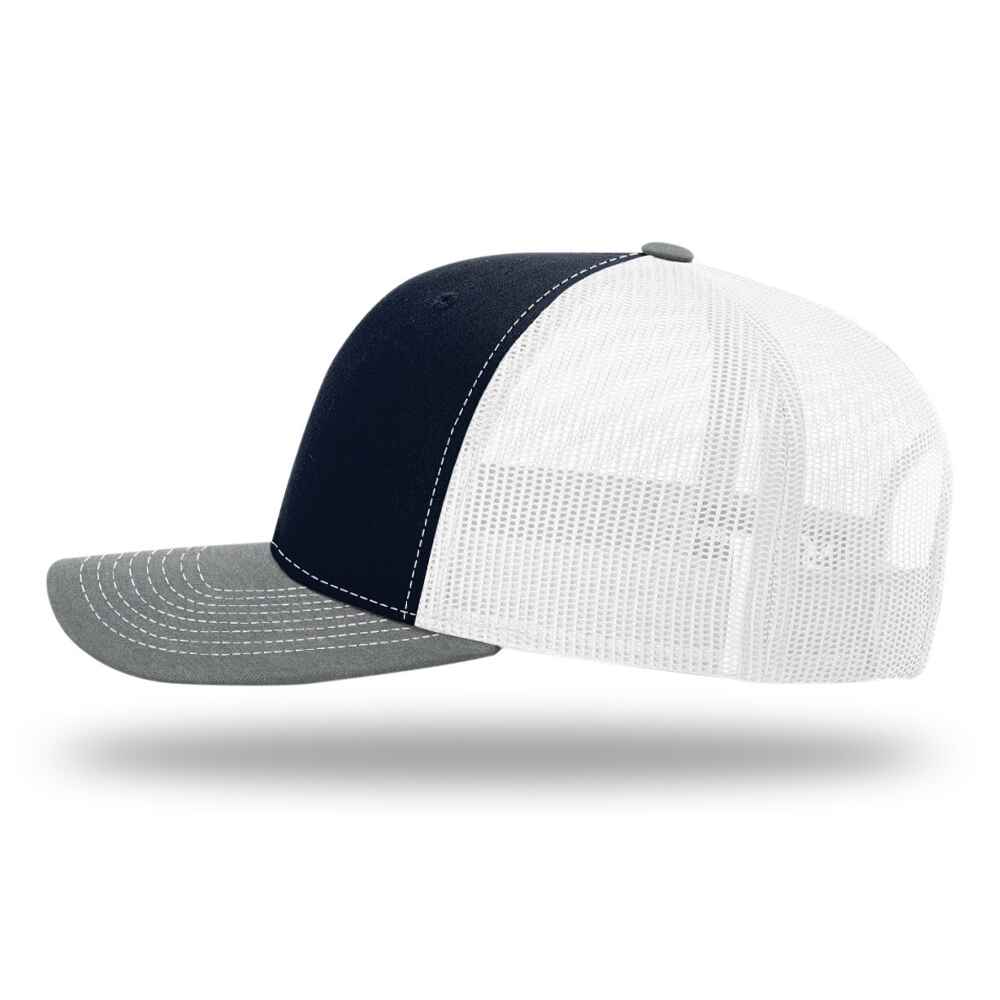 Custom-Navy-White-Heather-Grey-color-112-style-blank-trucker-hat-left-view