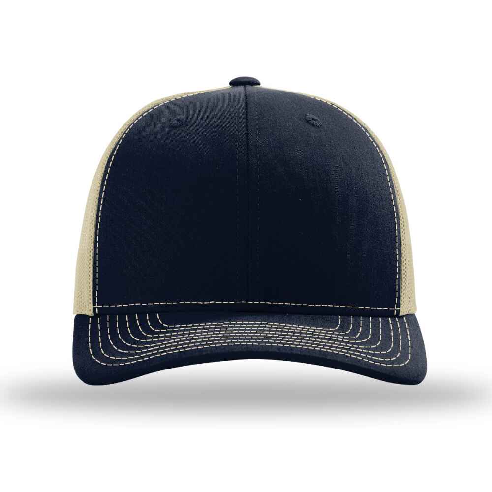 Custom-Navy-khaki-color-112-style-blank-trucker-hat-front-view