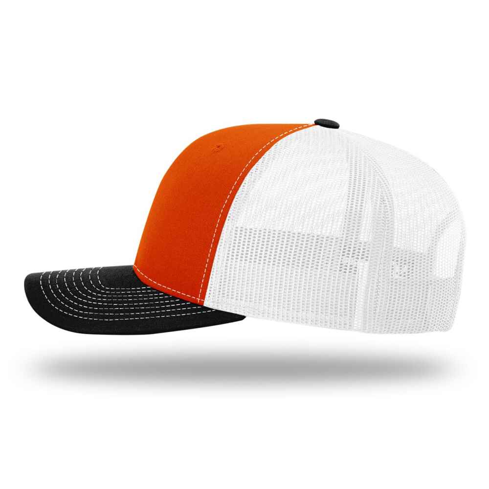 Custom-Orange-White-black-color-112-style-blank-trucker-hat-left-view