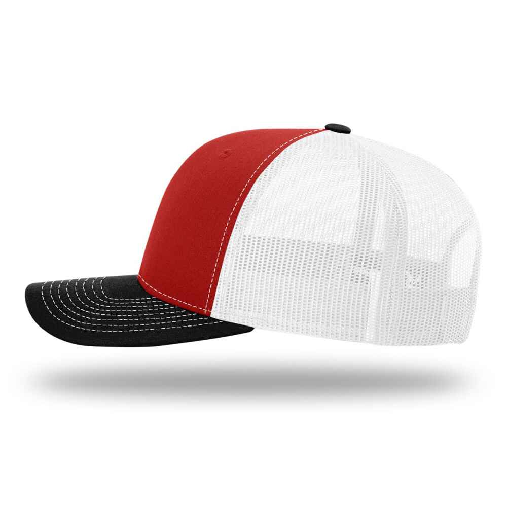 Custom-Red-White-Black-color-112-style-blank-trucker-hat-left-view