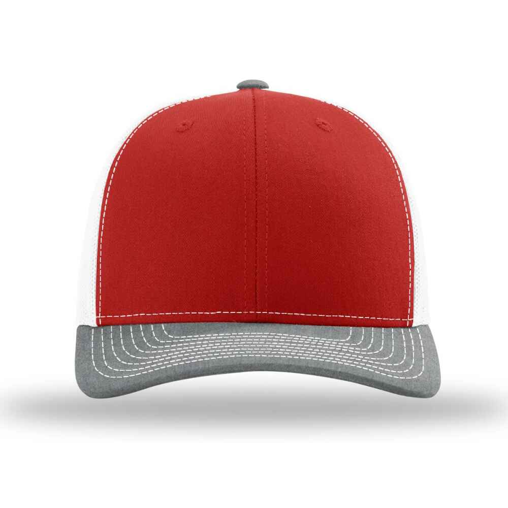 Custom-Red-White-Heather-Grey-color-112-style-blank-trucker-hat-front-view