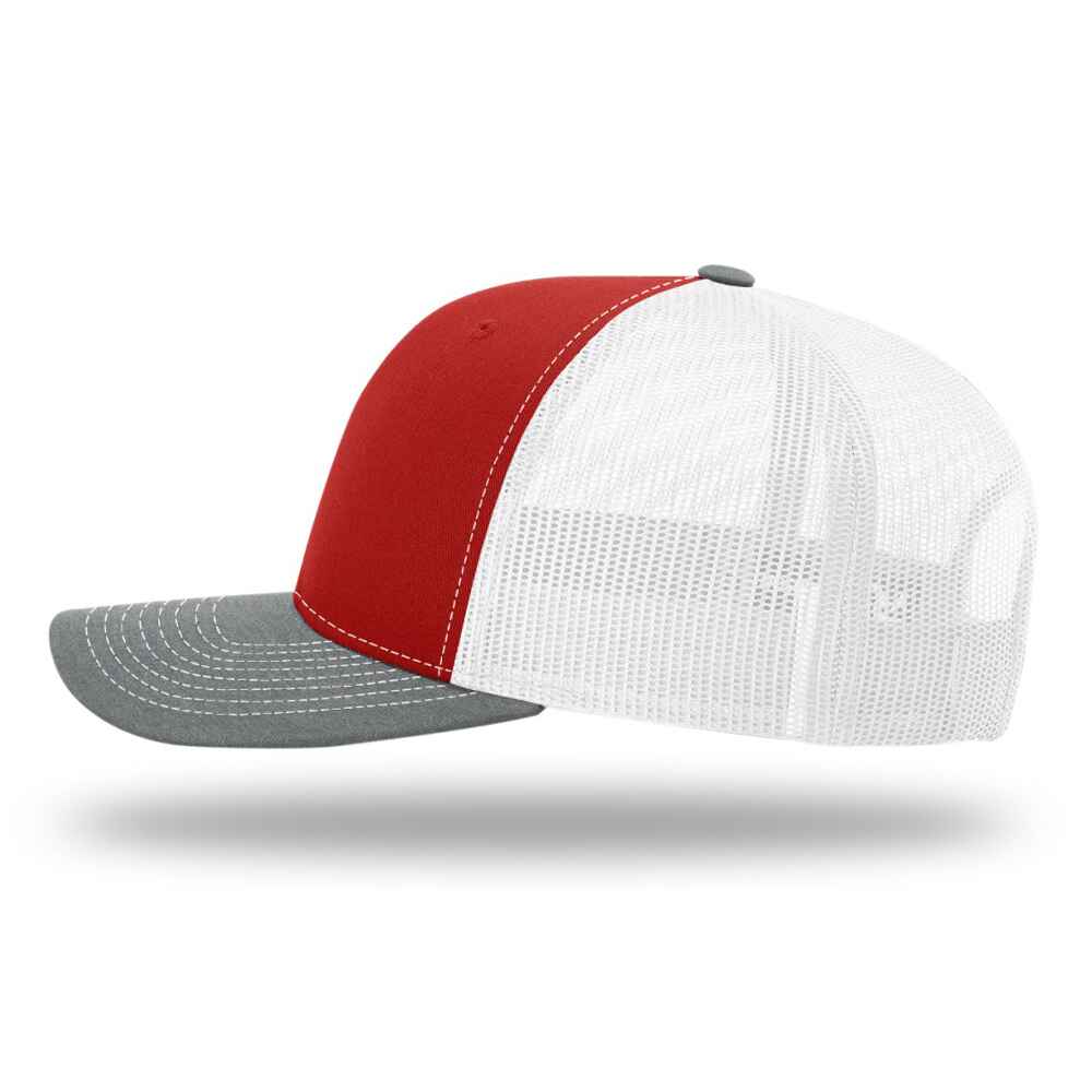 Custom-Red-White-Heather-Grey-color-112-style-blank-trucker-hat-left-view