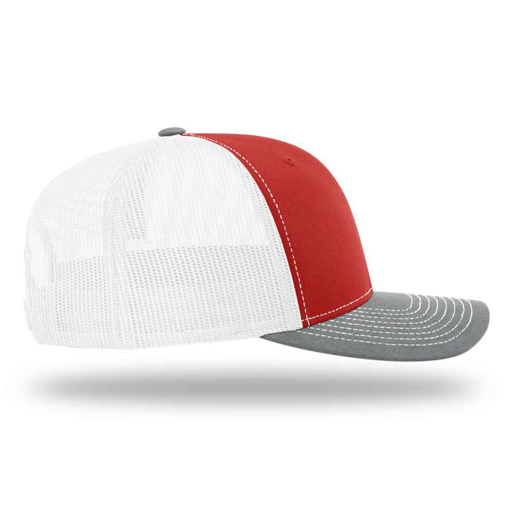 Custom-Red-White-Heather-Grey-color-112-style-blank-trucker-hat-right-view