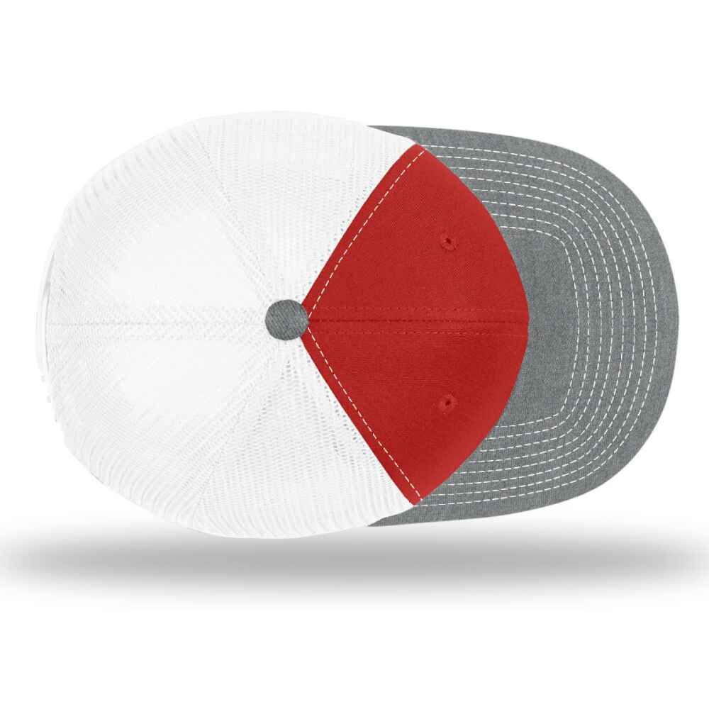 Custom-Red-White-Heather-Grey-color-112-style-blank-trucker-hat-top-view