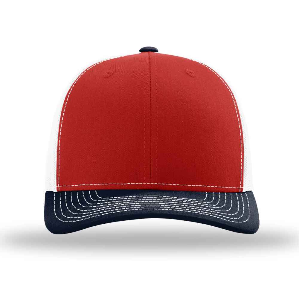 Custom-Red-White-Navy-color-112-style-blank-trucker-hat-front-view