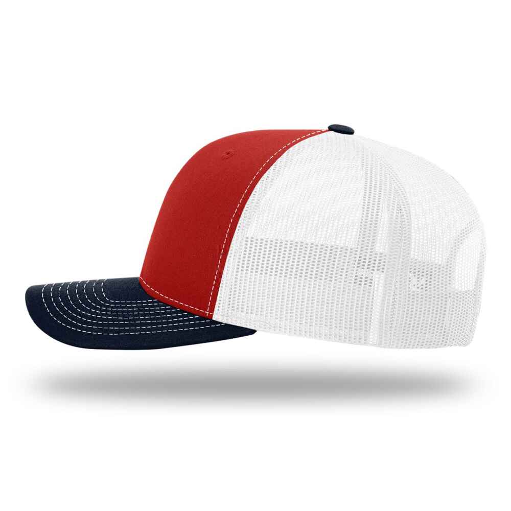 Custom-Red-White-Navy-color-112-style-blank-trucker-hat-left-view