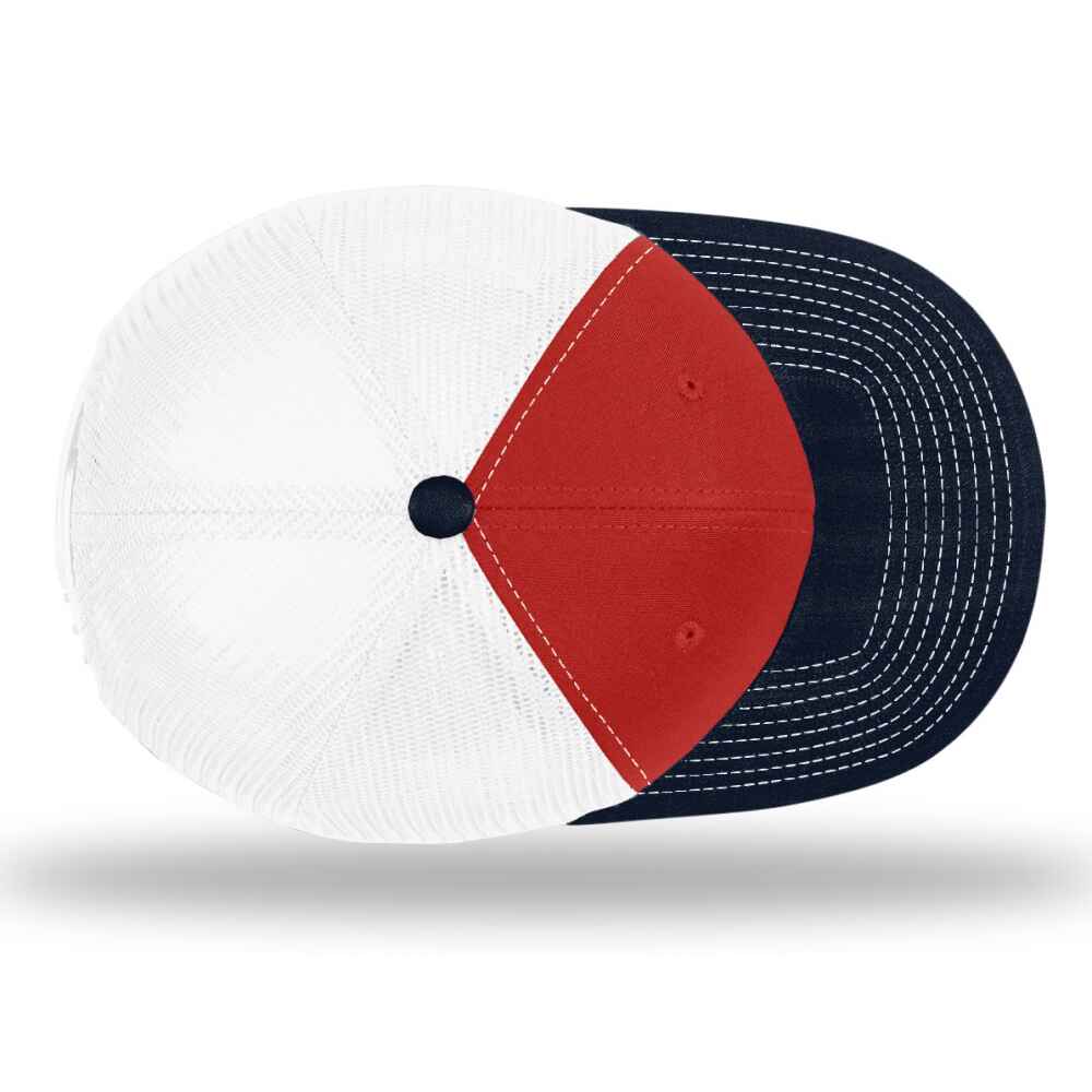 Custom-Red-White-Navy-color-112-style-blank-trucker-hat-top-view