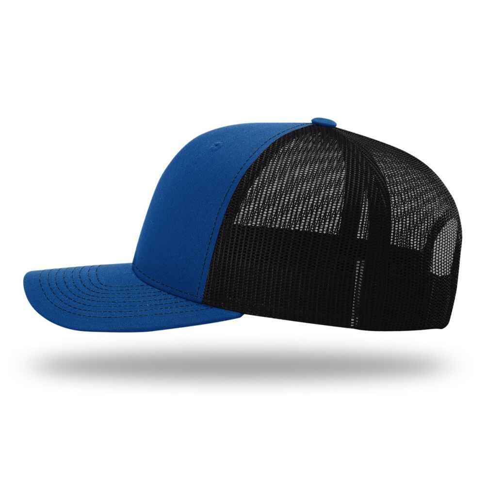 Custom-Royal-Black-color-112-style-blank-trucker-hat-left-view