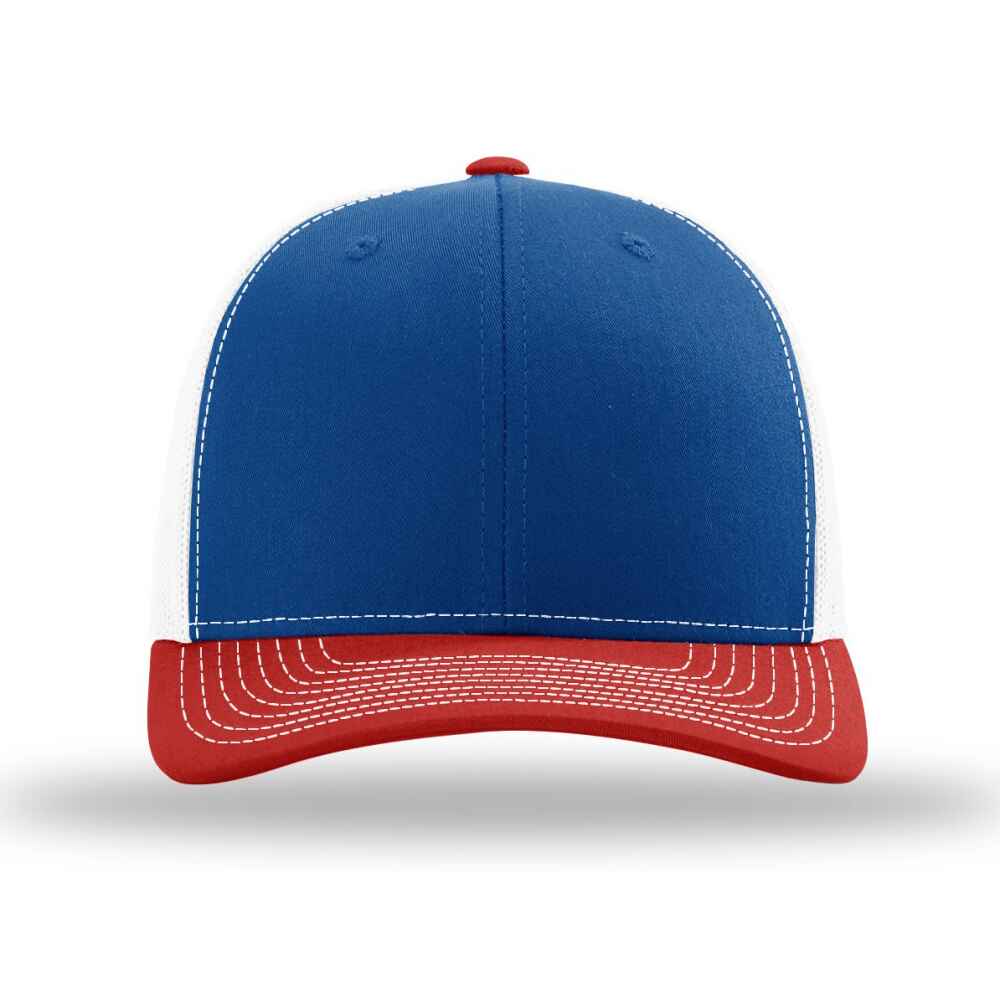 Custom-Royal-White-Red-color-112-style-blank-trucker-hat-front-view