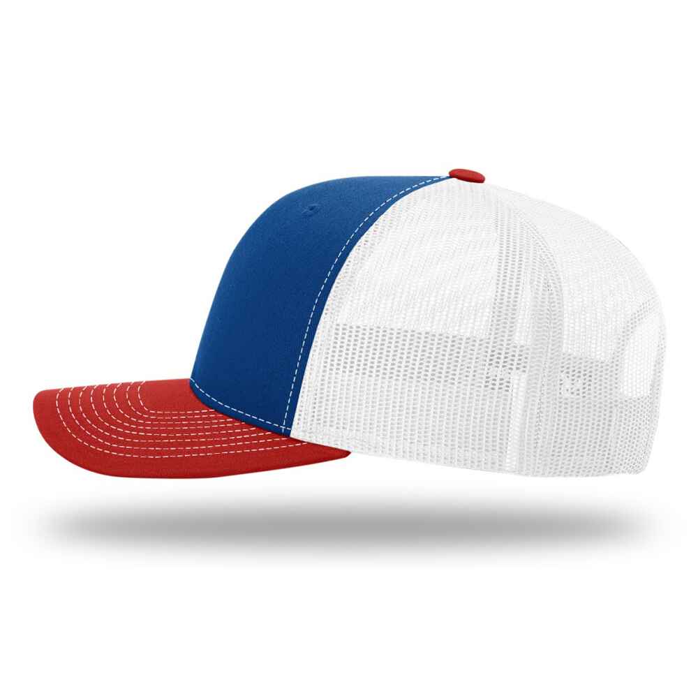 Custom-Royal-White-Red-color-112-style-blank-trucker-hat-left-view