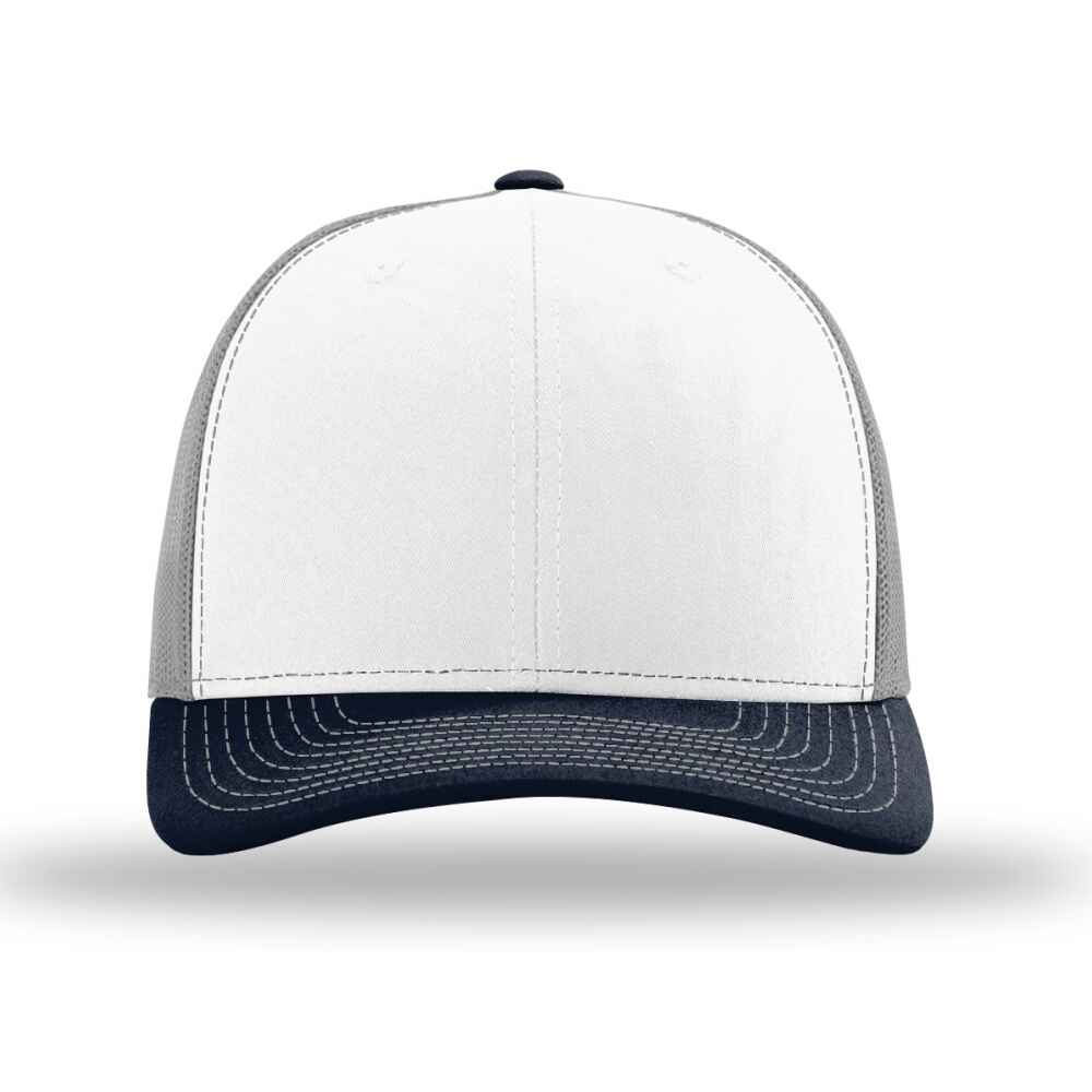 Custom-White-Aluminum-navy-color-112-style-blank-trucker-hat-front-view