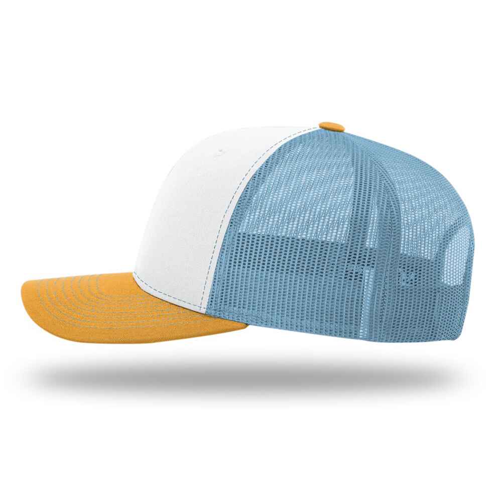 Custom-White-Columbia-Blue-Yellow-color-112-style-blank-trucker-hat-left-view