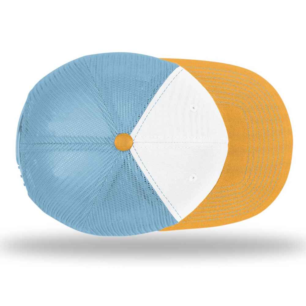 Custom-White-Columbia-Blue-Yellow-color-112-style-blank-trucker-hat-top-view