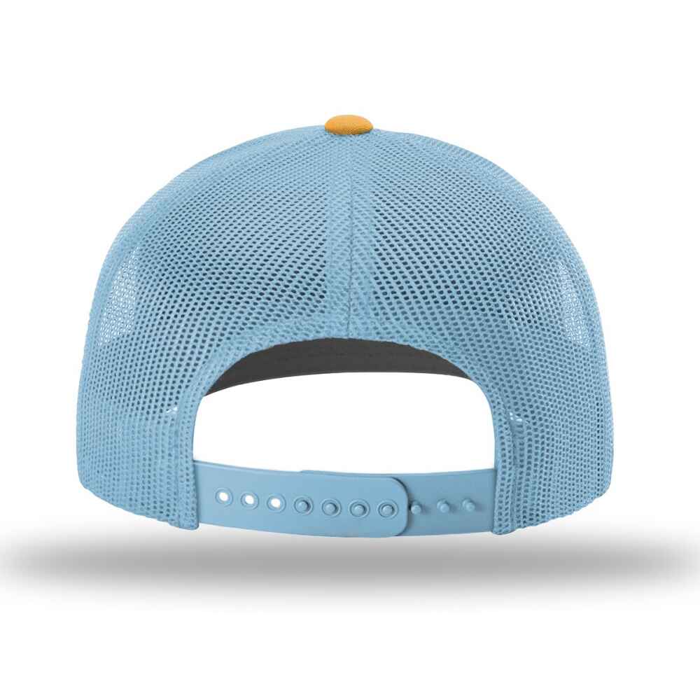 Custom-White-Columbia-blue-yellow-color-112-style-blank-trucker-hat-back-view