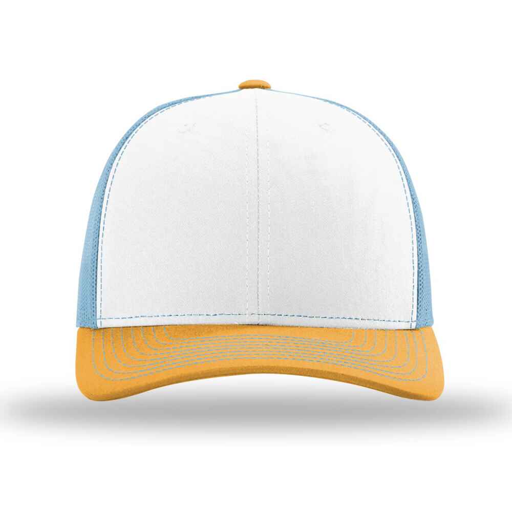 Custom-White-Columbia-blue-yellow-color-112-style-blank-trucker-hat-front-view