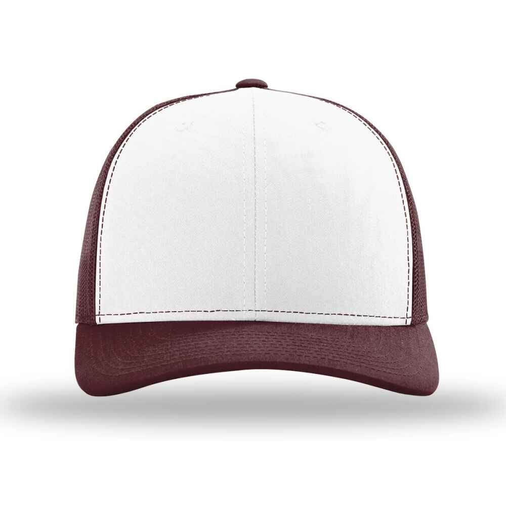 Custom-White-Maroon-color-112-style-blank-trucker-hat-front-view