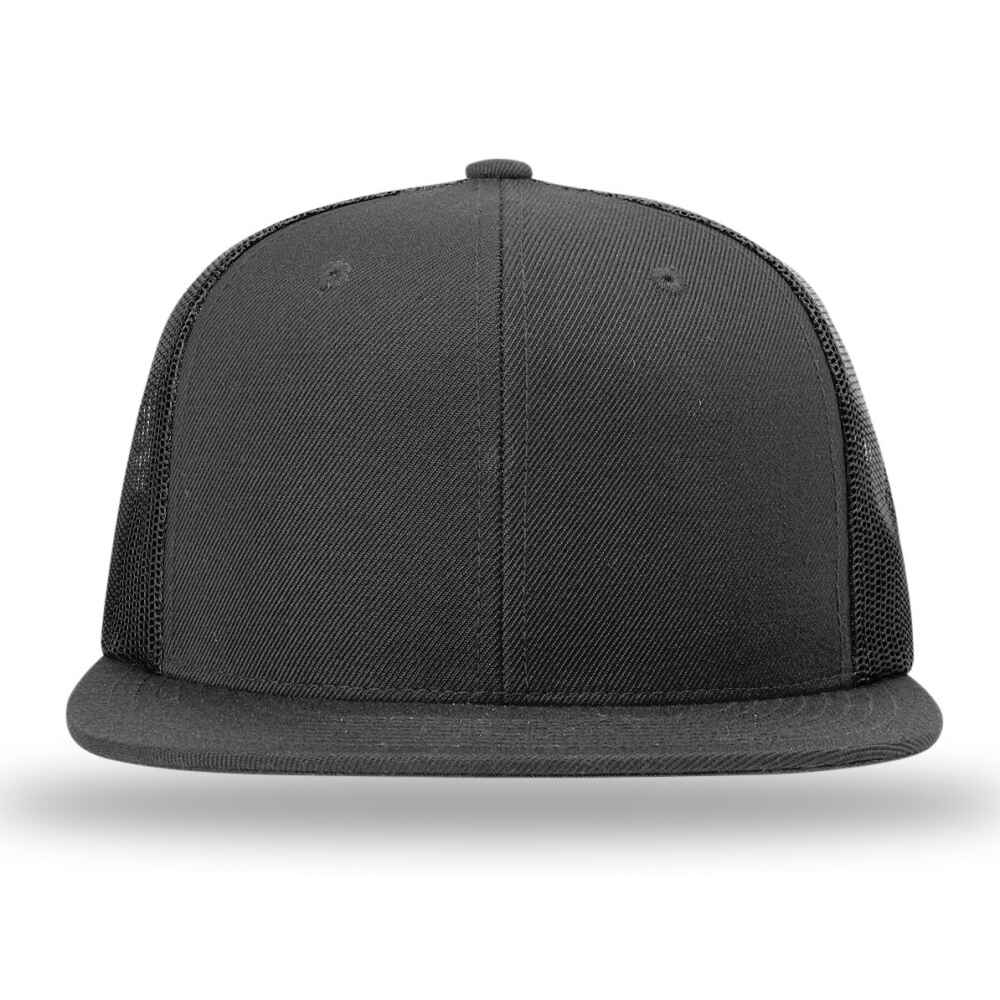 Custom-Flat-Brim-Baseball-Caps-Richardson-511-trucker-hat-style-Black-Mesh-Back-Black-Acrylic-Polyester-Blend-Fabric-Front-view