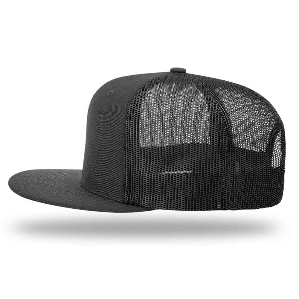 Custom Flat Brim Baseball Caps Richardson 511 trucker hats style Black Mesh Back Black Acrylic Polyester Blend Fabric Left view