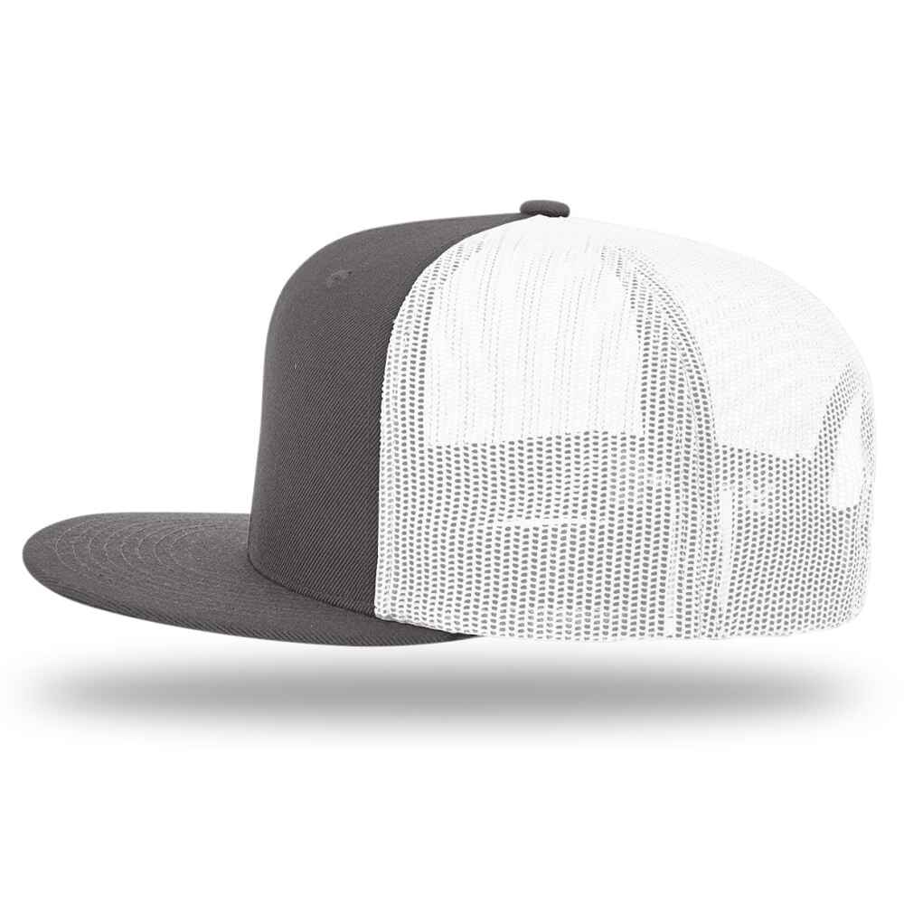 Custom Flat Brim Baseball Caps Richardson 511 trucker hat style White Mesh Back Charcoal Acrylic Polyester Blend Fabric Left view