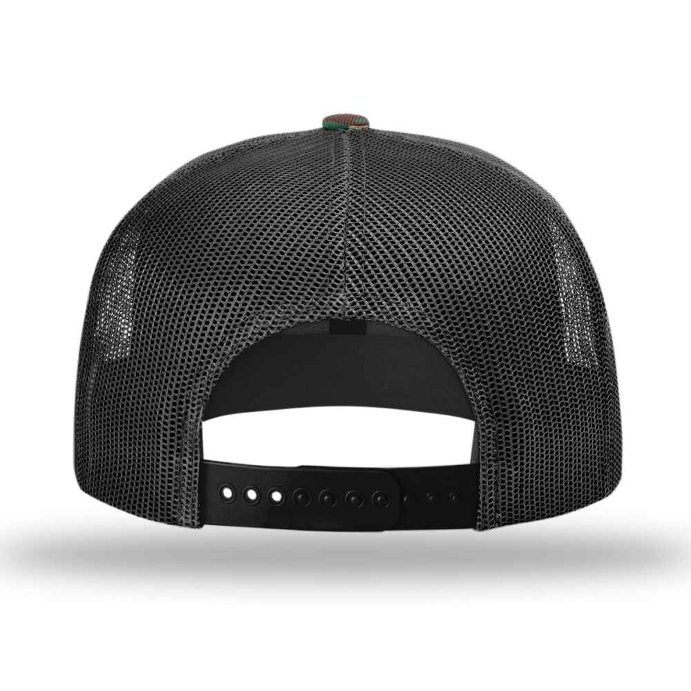 Custom Flat Brim Baseball Caps Richardson 511 trucker hat style Black Mesh Back Camo Green Acrylic Polyester Blend Fabric Back  view