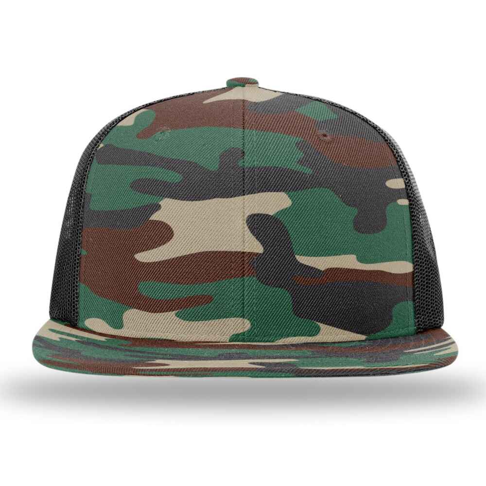 Custom Flat Brim Baseball Caps Richardson 511 trucker hat style Black Mesh Back Camo Green Acrylic Polyester Blend Fabric Front view