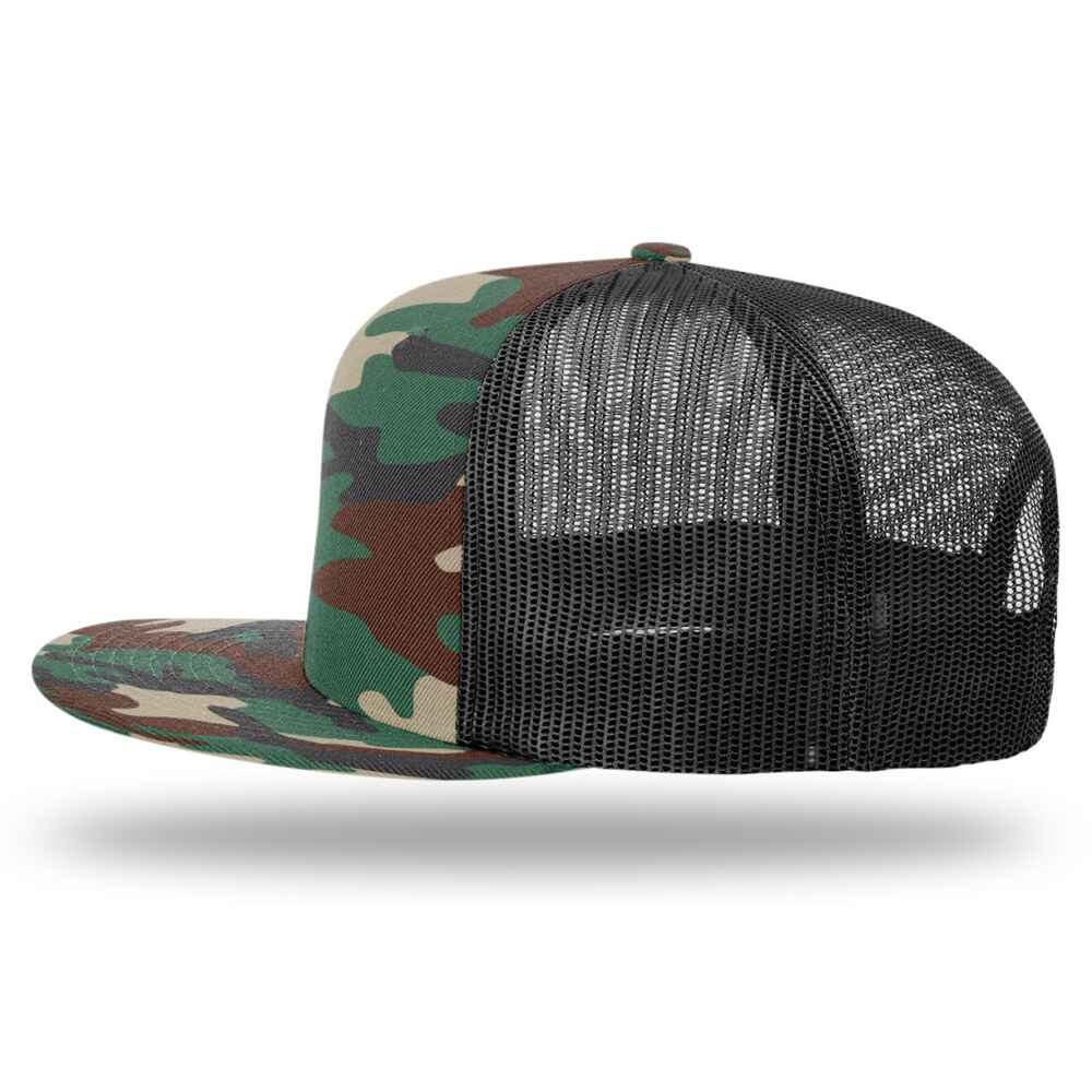 Custom Flat Brim Baseball Caps Richardson 511 trucker hat style Black Mesh Back Camo Green Acrylic Polyester Blend Fabric Left view