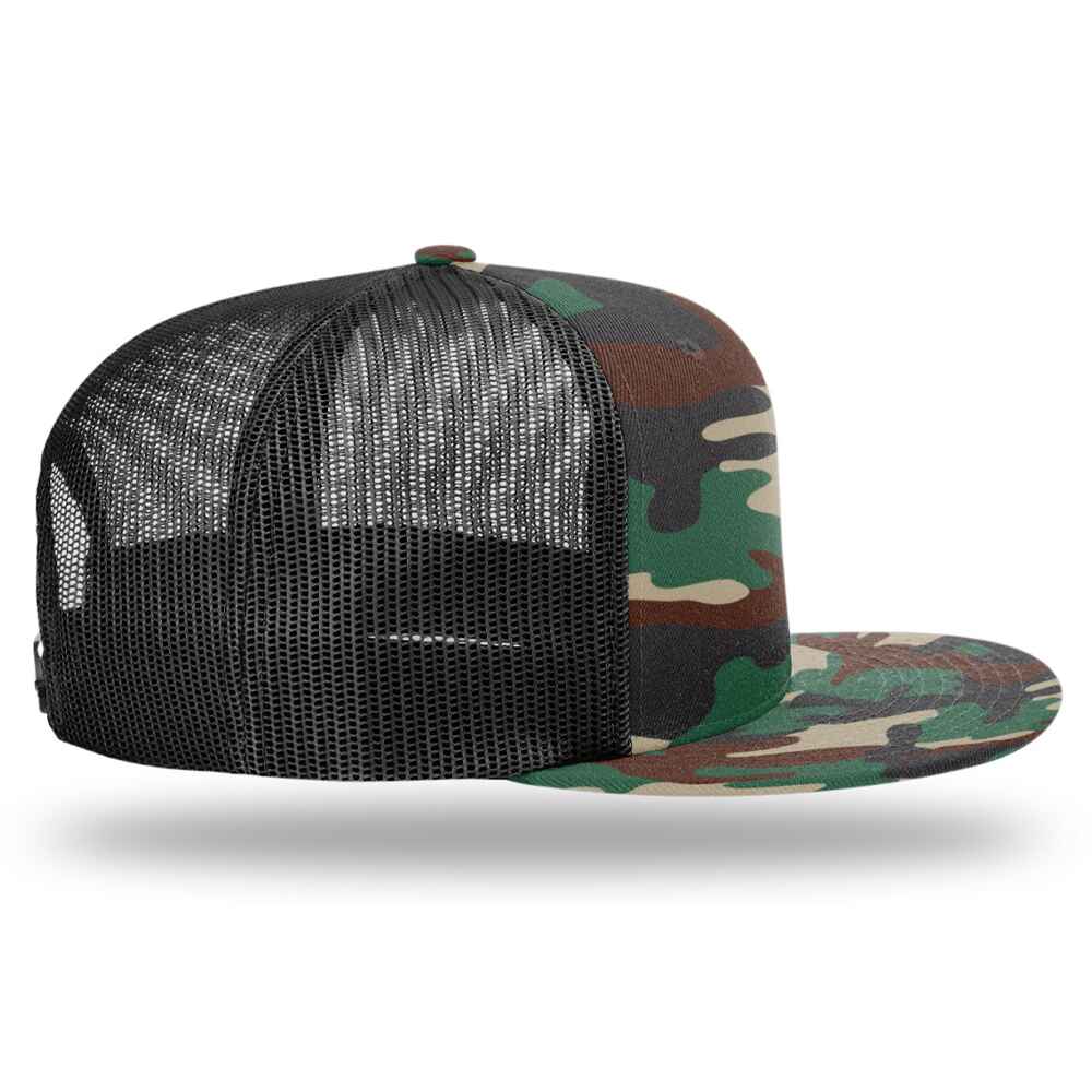 Custom Flat Brim Baseball Caps Richardson 511 trucker hat style Black Mesh Back Camo Green Acrylic Polyester Blend Fabric Right view