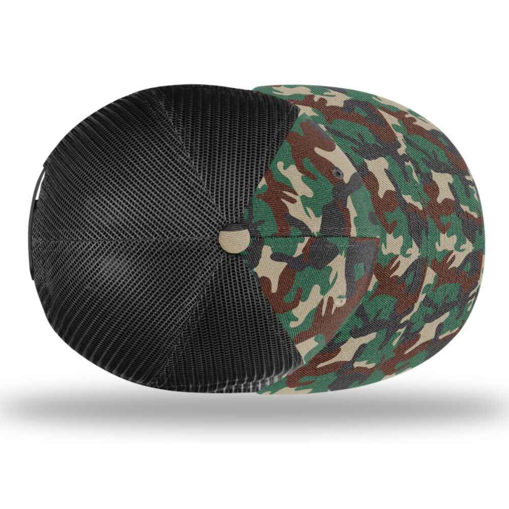Custom Flat Brim Baseball Caps Richardson 511 trucker hat style Black Mesh Back Camo Green Acrylic Polyester Blend Fabric Top view