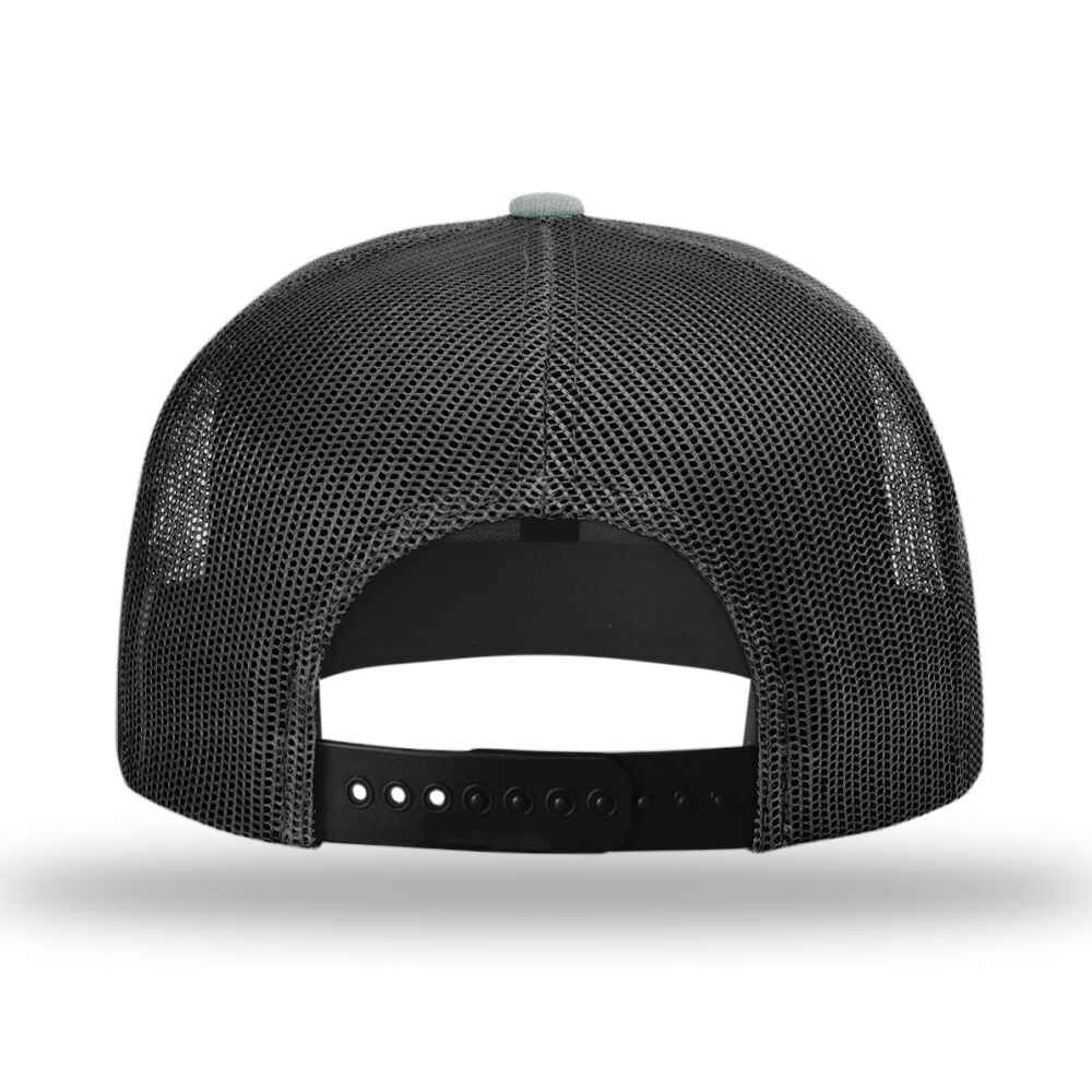 Custom Flat Brim Baseball Caps Richardson 511 trucker hat style Black Mesh Back Heather Grey Acrylic Polyester Blend Fabric Back view