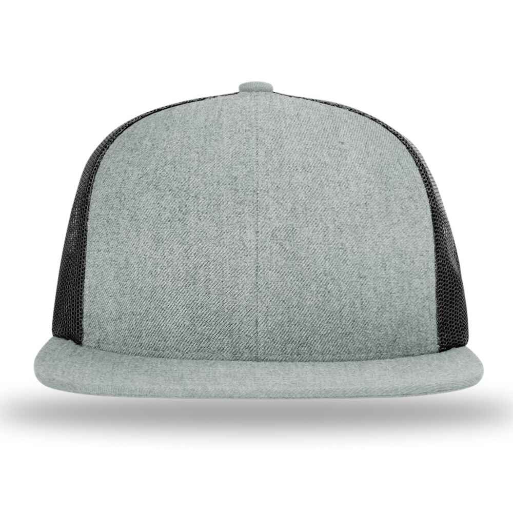Custom Flat Brim Baseball Caps Richardson 511 trucker hat style Black Mesh Back Heather Grey Acrylic Polyester Blend Fabric Front view