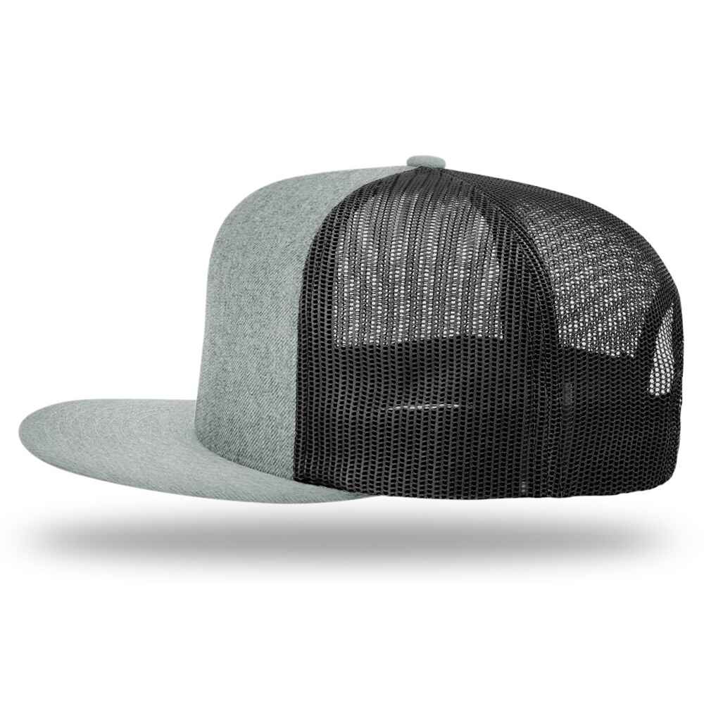 Custom Flat Brim Baseball Caps Richardson 511 trucker hat style Black Mesh Back Heather Grey Acrylic Polyester Blend Fabric Left view